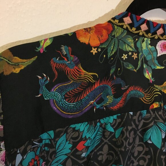 Johnny Was Kennedy Silk Embroidered Tunic Top Blouse Dragons Floral Artsy (IB) - Picture 12 of 16